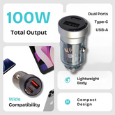 100W high-speed car charger with dual USB and Type-C ports for efficient charging